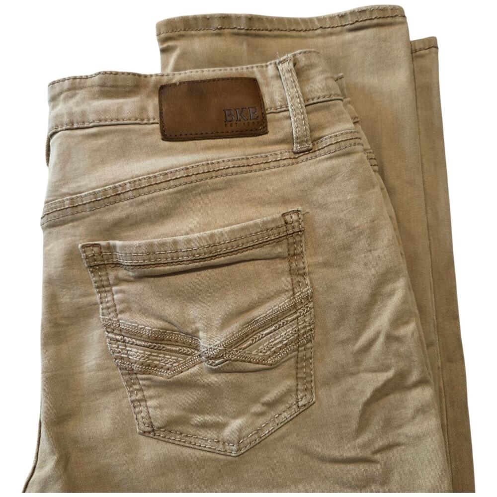 BKE Jake Straight Jeans Mens 38x32 Khaki Tan Stretch Casual Pants Buckle